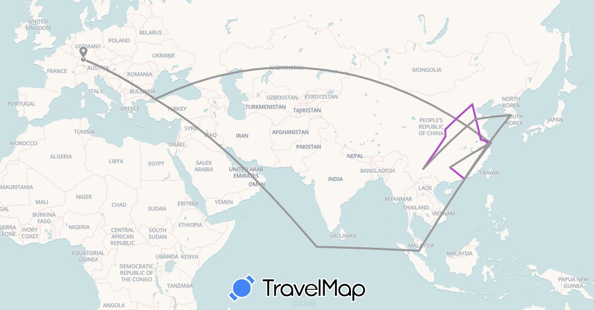 TravelMap itinerary: driving, plane, train in China, Germany, Hong Kong, South Korea, Maldives, Malaysia, Turkey (Asia, Europe)